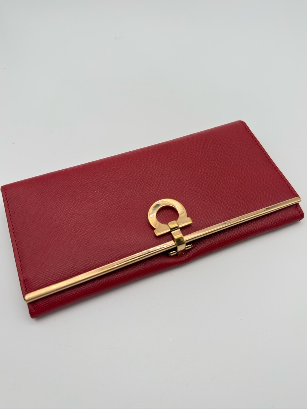 Salvatore Ferragamo Red Gancini Leather Long Wallet Gold Hardware Italy